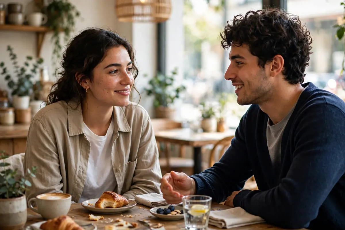 Two friends having an open, warm face-to-face conversation in a bright cafe — how to improve communication skills