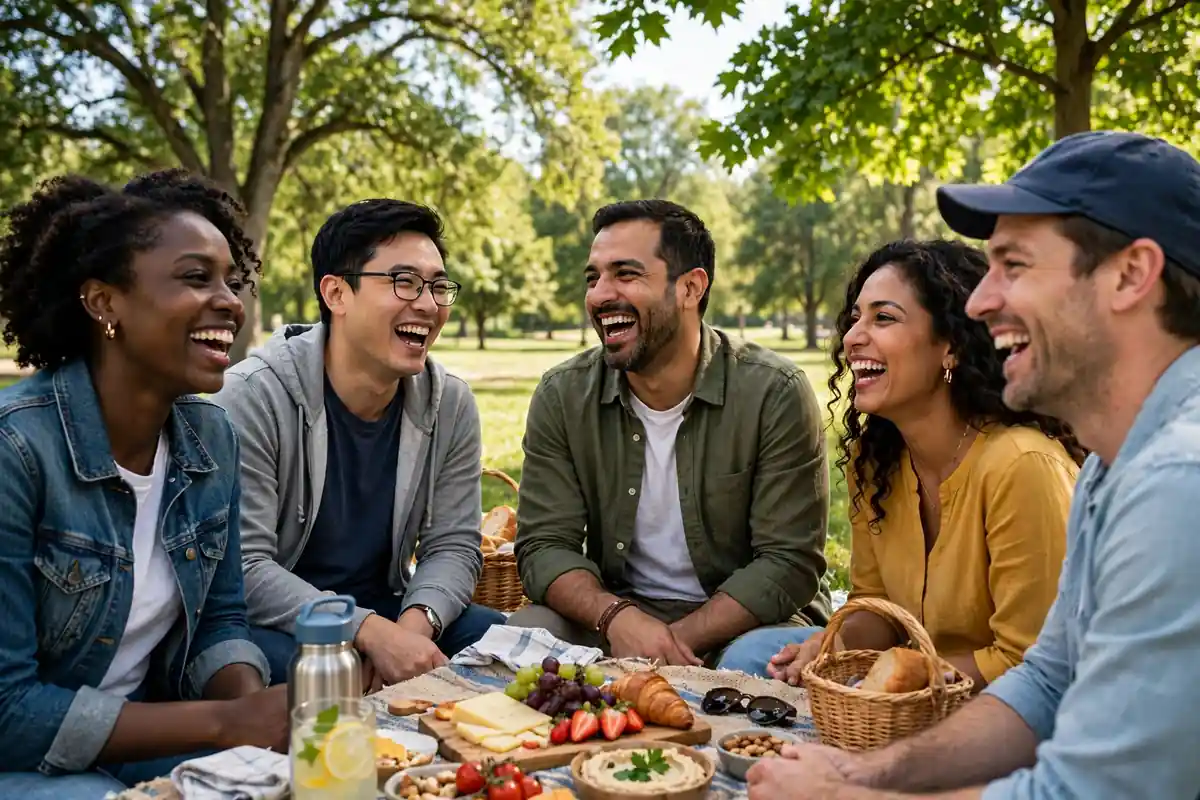 A group of diverse adults laughing together at a sunny park picnic