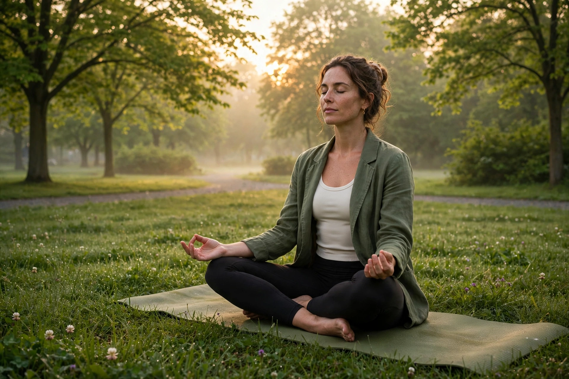 Woman meditating at sunrise practicing meditation for beginners