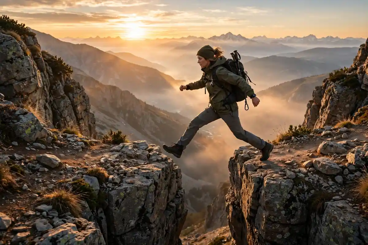 Hiker stepping boldly across a rocky gap on a mountain trail at sunrise — overcome fear of failure