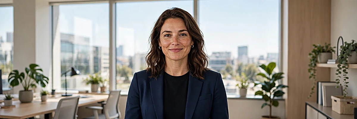 Confident professional woman smiling in a bright modern office — how to overcome imposter syndrome