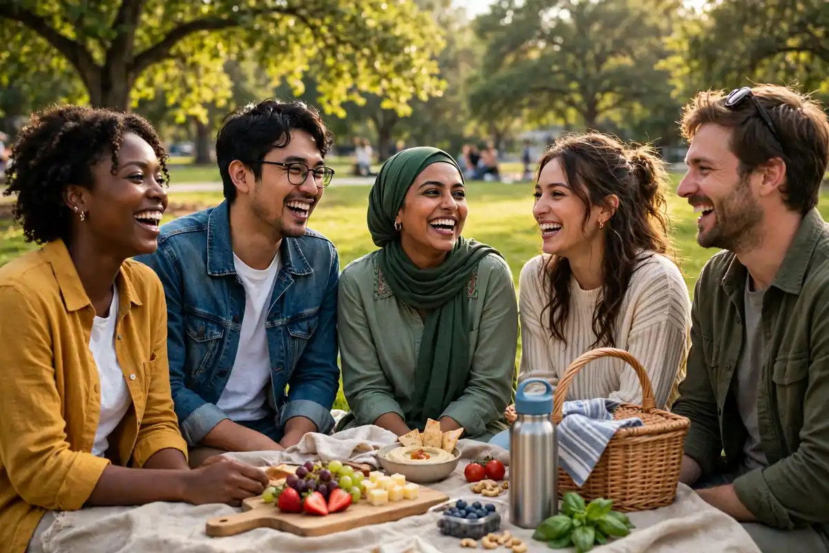 Diverse group of friends laughing together at a sunny park picnic — how to overcome loneliness