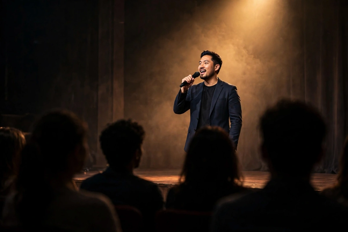 Confident speaker on stage with a microphone before an engaged audience — overcome fear of public speaking