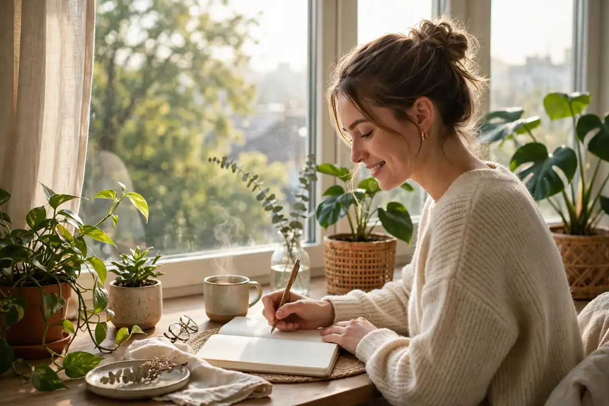 Woman smiling while journaling affirmations at a sunny window desk with plants — positive affirmations