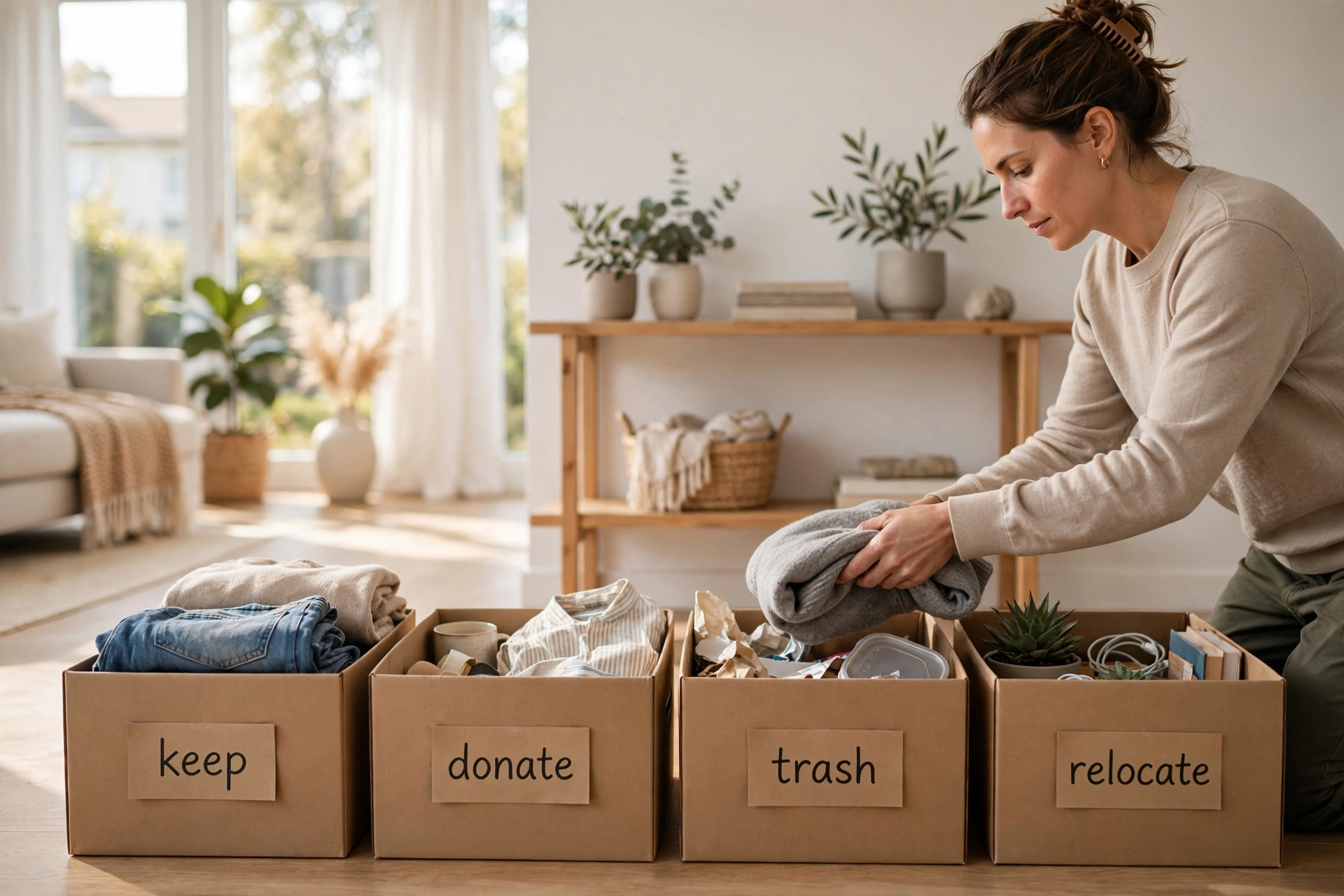 Beginner following a room-by-room guide on how to declutter your home with sorting boxes