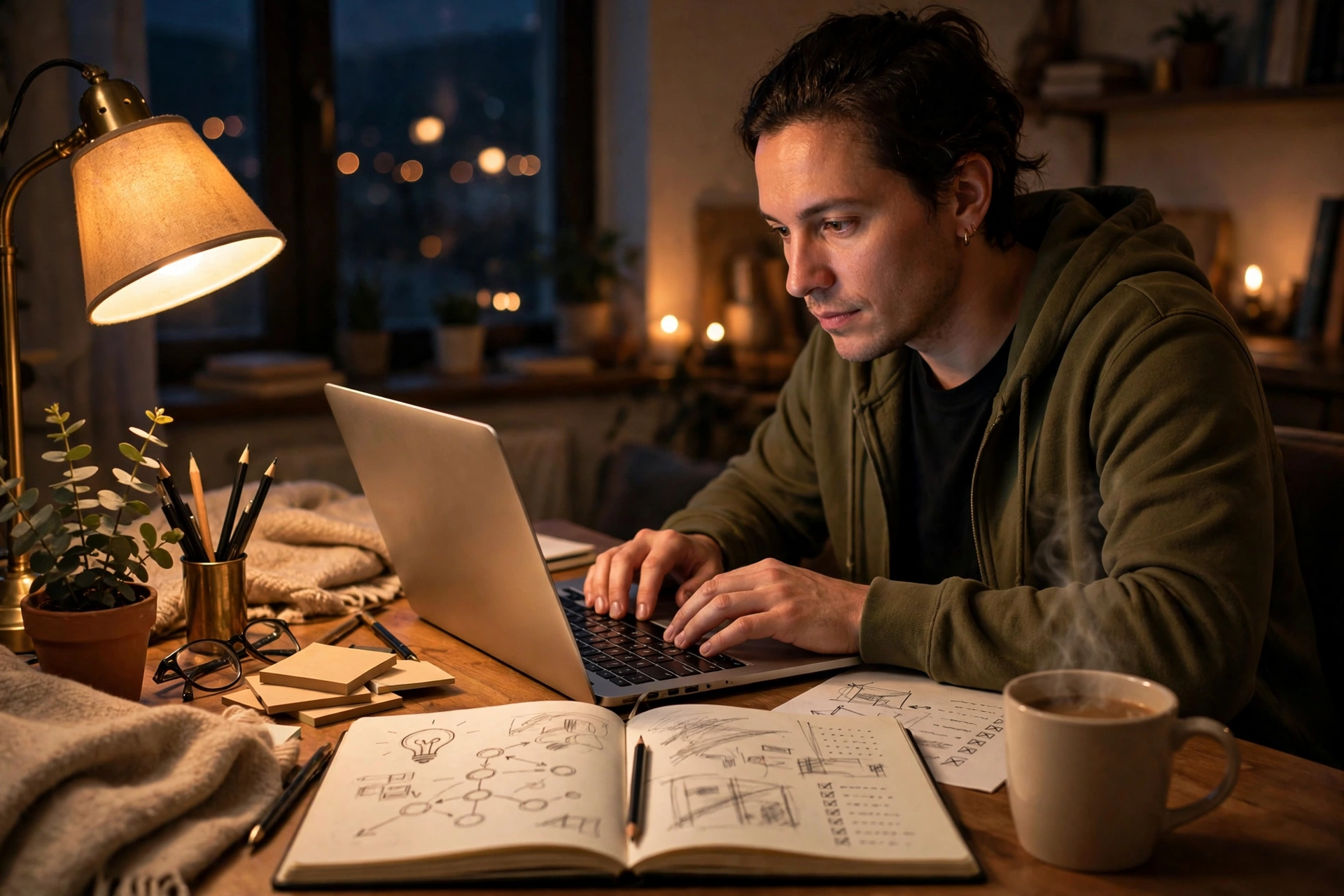 Person planning side hustle ideas for beginners at a home desk