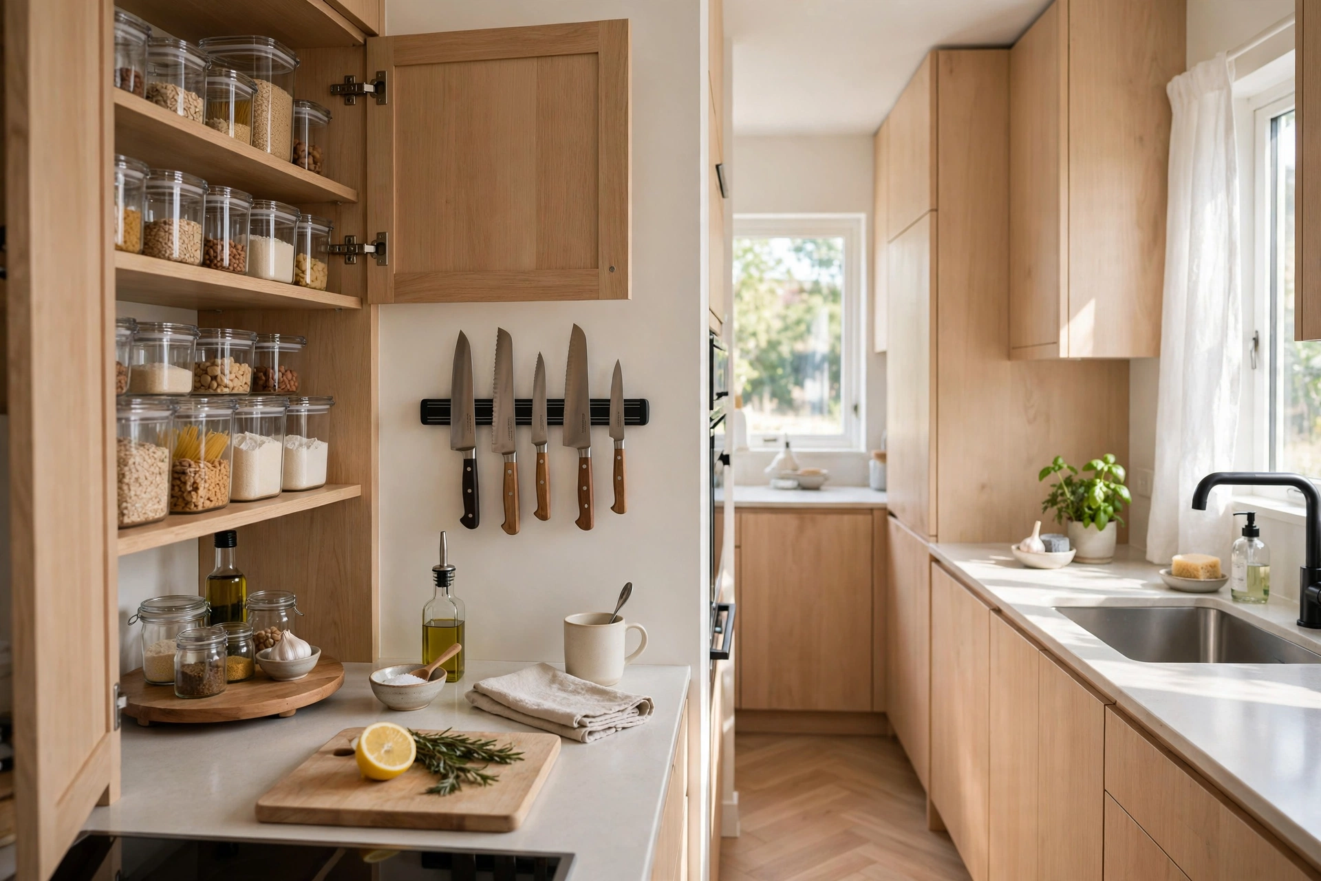 Organized small galley kitchen with doubled shelf space showing small kitchen organization ideas that maximize space