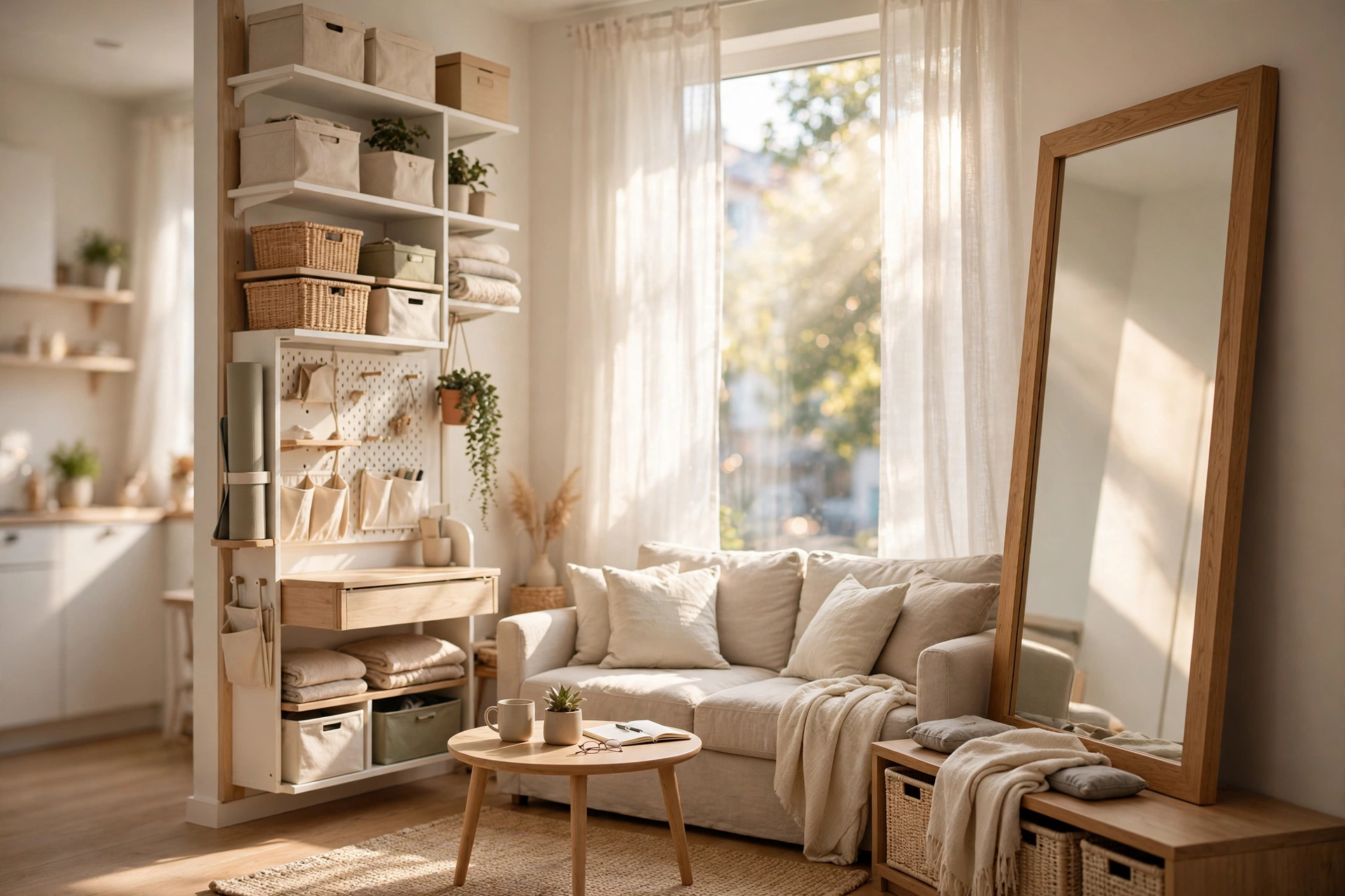 Bright studio showing small space living ideas with mirrors and multi-functional furniture