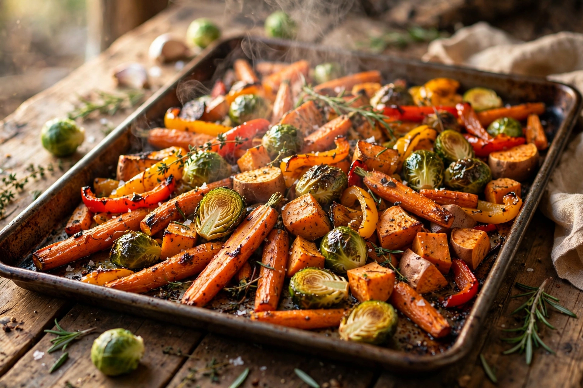 Colorful roasted vegetables including carrots, Brussels sprouts, and sweet potatoes on a sheet pan