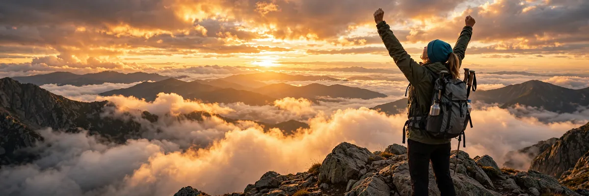 Hiker raising arms in triumph on a mountain summit at sunrise — how to stay motivated