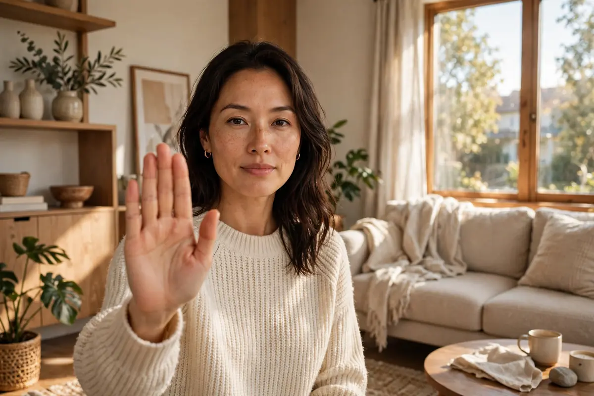 Confident woman raising her hand in a kind 'stop' gesture in a bright living room — how to stop being a people pleaser