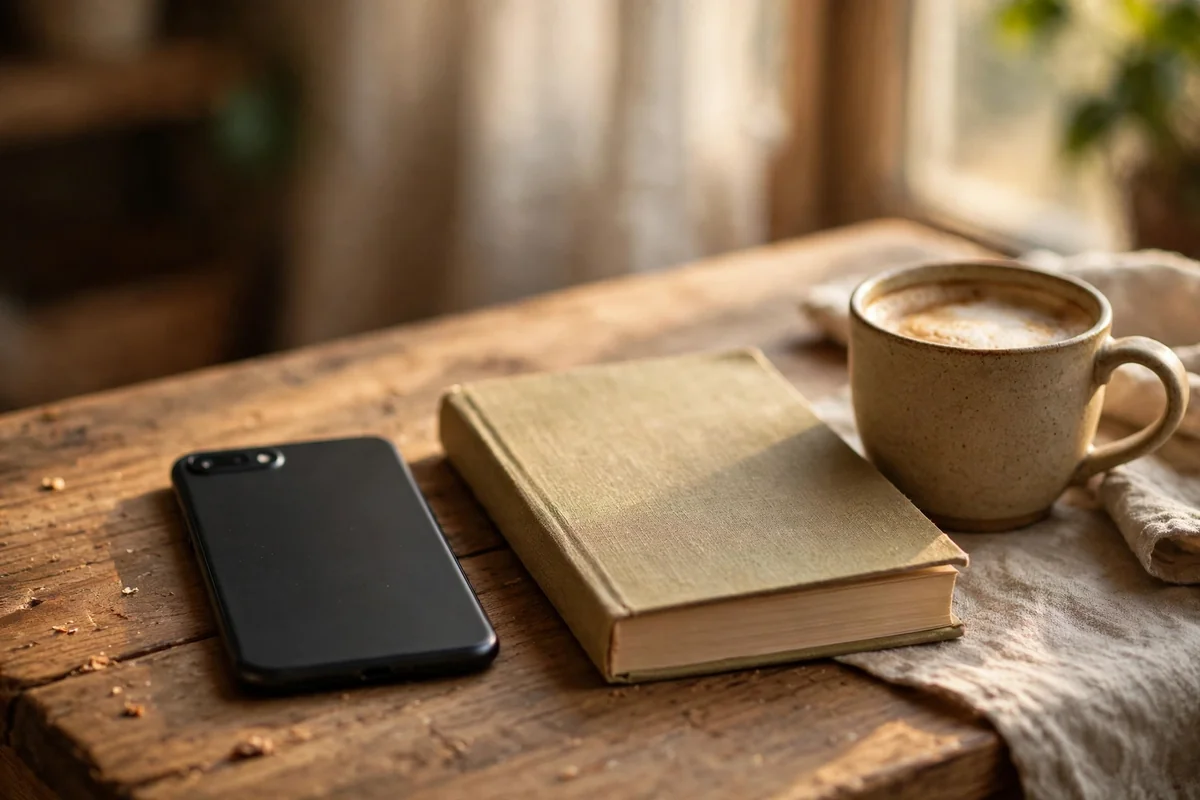 A smartphone lying face down next to a book and coffee, showing how to stop doomscrolling