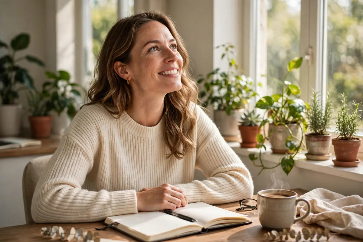 Smiling woman journaling at a sunny desk with plants — stop negative self-talk