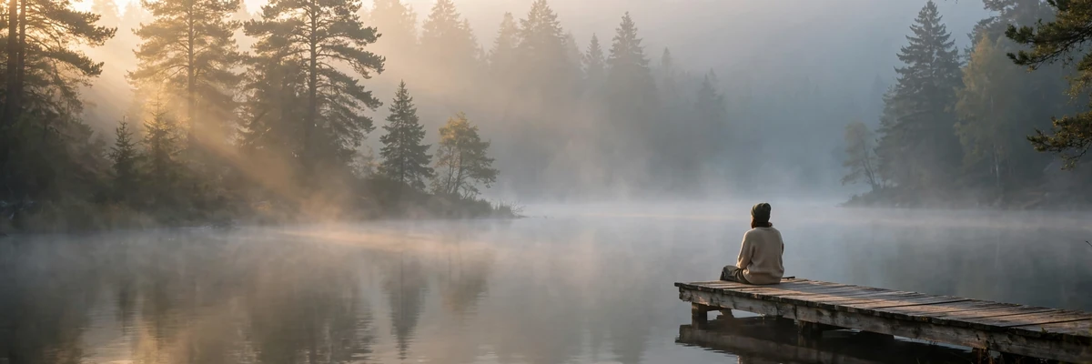 Person sitting peacefully on a wooden dock by a misty lake at dawn — how to stop overthinking