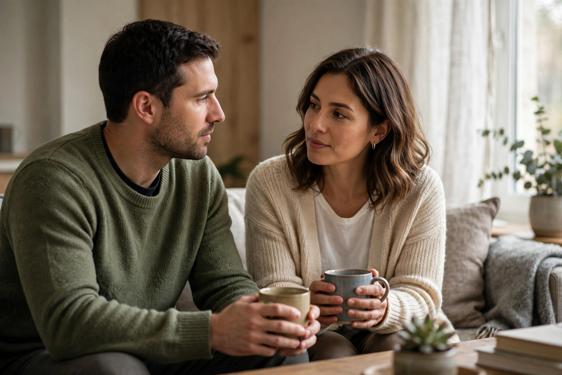 Couple having an honest conversation on a couch, illustrating what to do when partners want different things